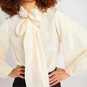 Chic Women's Cream Silk Blouse with Bow Detail